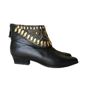 Vintage Black Leather Ankle Boots Gold Studded Western Pointed Toe Zip Booties 8